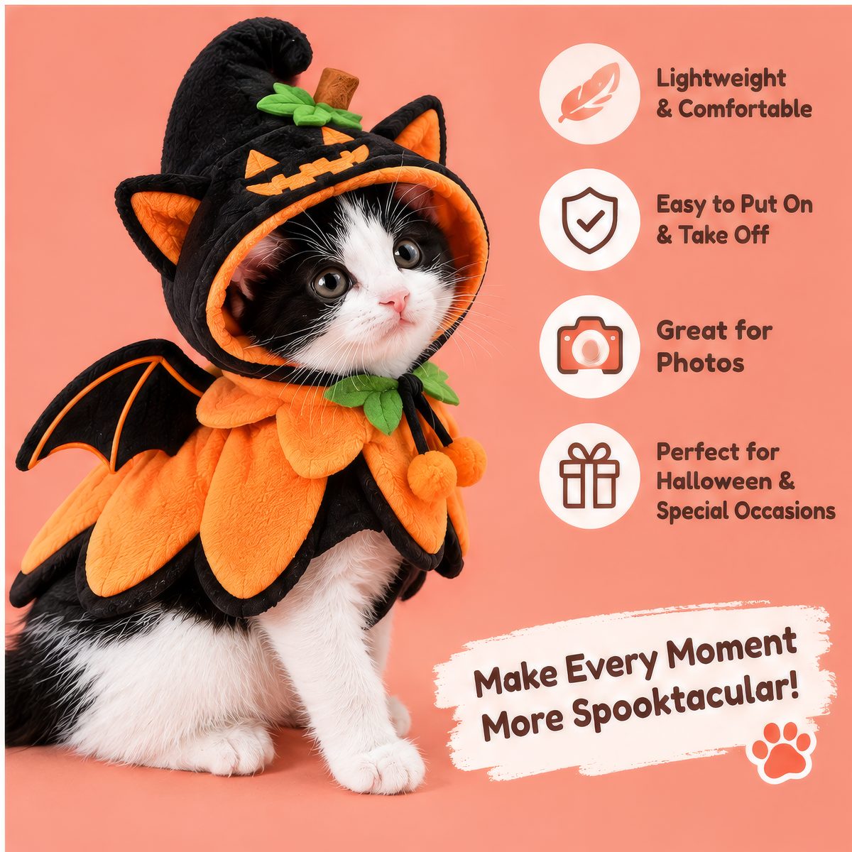 HAEYLORAN® Spooky Pumpkin Bat Pet Costume with Hat & Wings